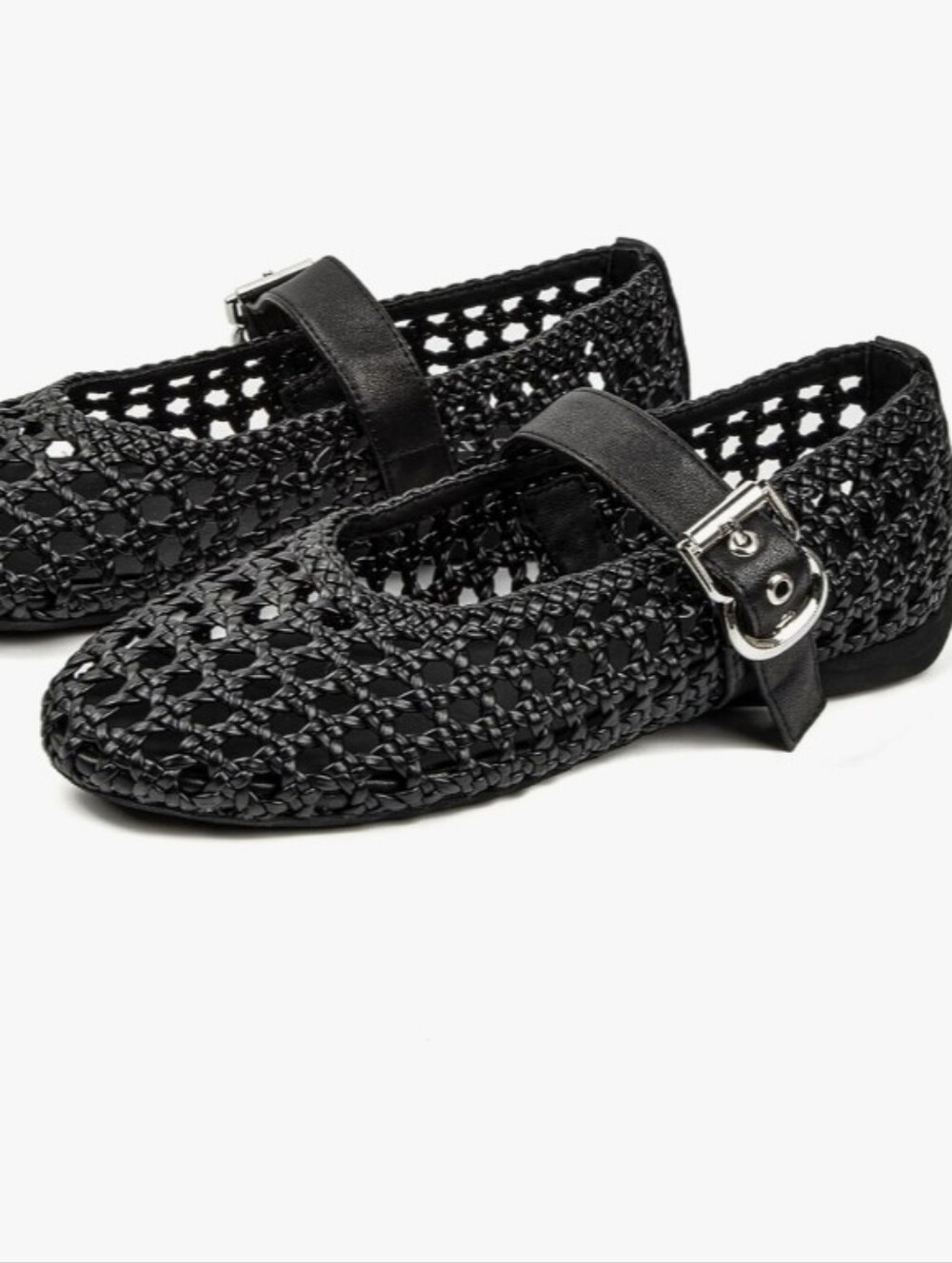 Black Woven Mary Jane Flats with Buckle Strap - Picture 2 of 4